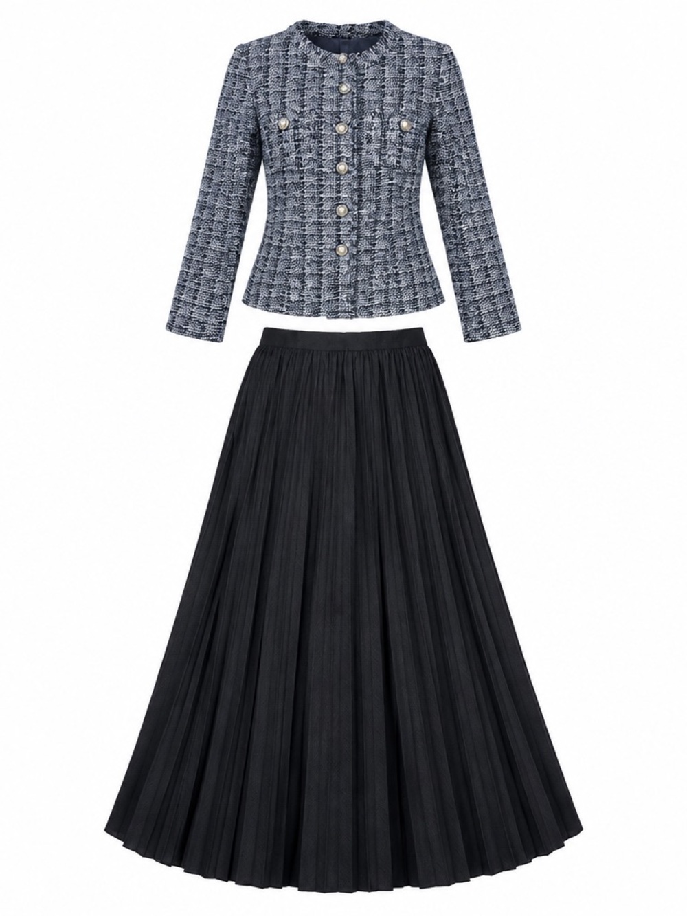 Elegant Women’s Outfit Set Black Pleated Maxi Skirt and Gray Blazer Top Size L